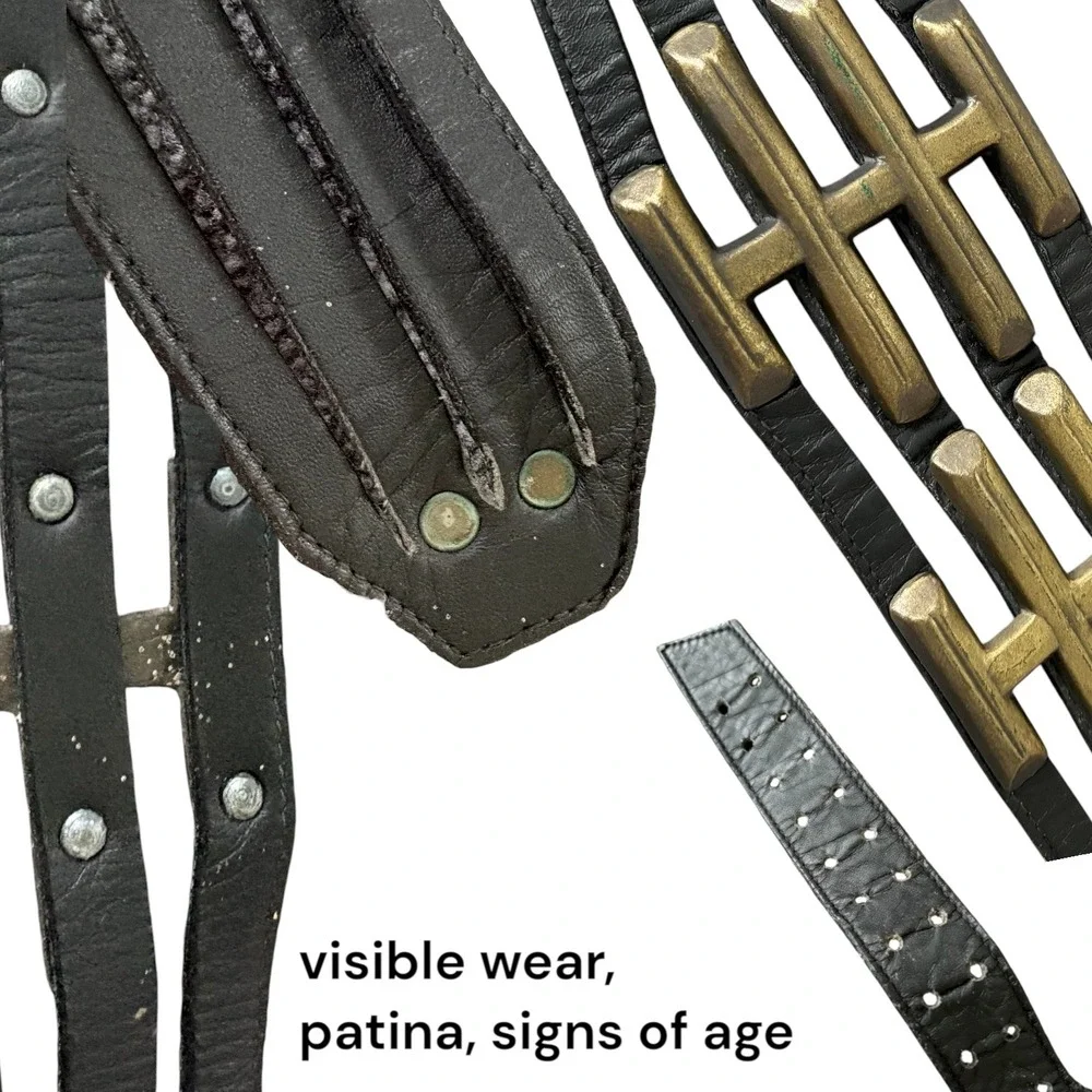 Vintage Leather Wide Cage Belt Brass Hardware Statement Black Boho Western